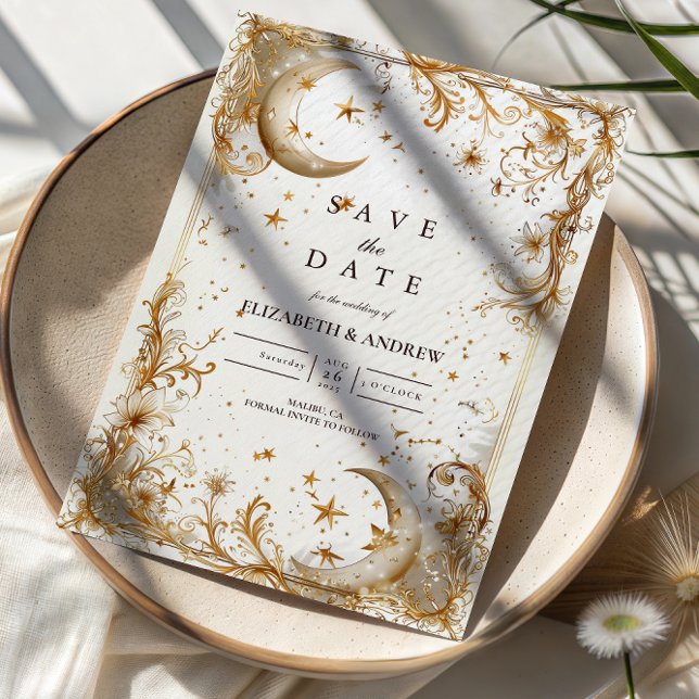 Reserve A Data Casamento Lua e Estrelas em Ouro Branco Celestial (Criador carregado)