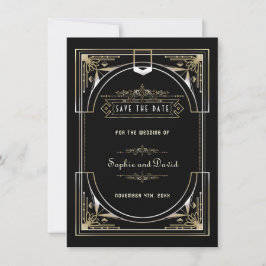 Reserve A Data Casamento Luxuoso Dourado e Preto Estilo Anos 20