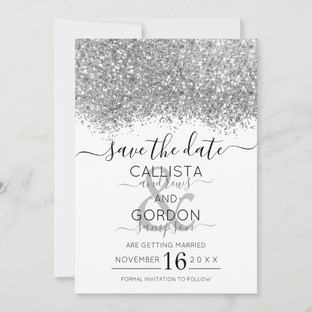 Reserve A Data Casamento Luxury Silver White Glitter Confetti (Frente)