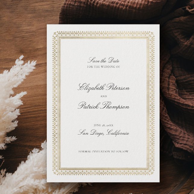 Reserve A Data Casamento Marfim Moderno Clássico Formal Dourado L (formal traditional wedding save the date modern classic gold ivory deco ballroom calligraphy)
