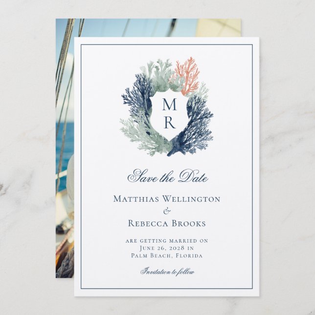 Reserve A Data Casamento Marítimo Clássico de Crest Náuticos Eleg (Frente/Verso)