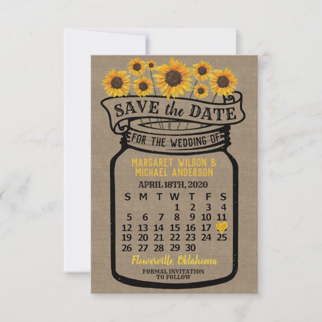 Reserve A Data Casamento Mason Jar Sunflower abril 2020 Calendári (Frente)