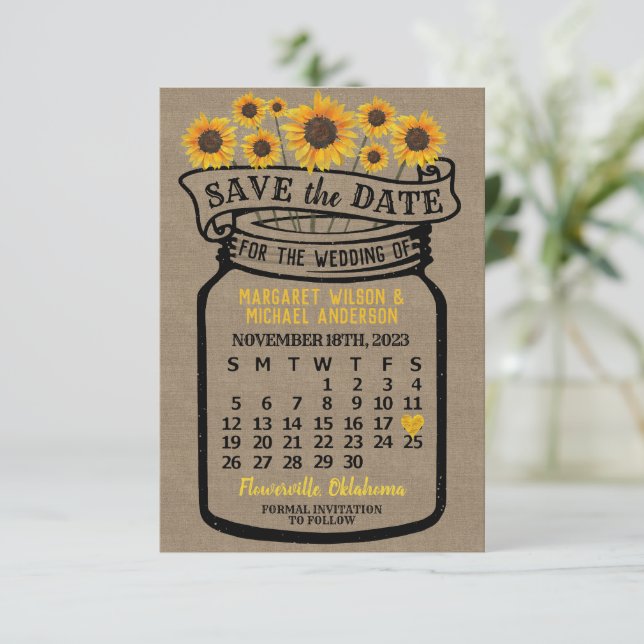 Reserve A Data Casamento Mason Jar Sunflower novembro 2023 Calend (Em pé/Frente)