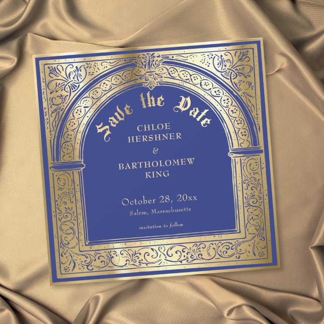 Reserve A Data Casamento Medieval Gótico Azul Dourado (Gothic Blue Gold Medieval Wedding Save The Date)