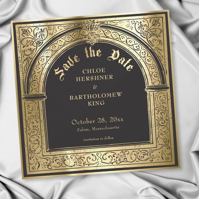 Reserve A Data Casamento Medieval Gótico Preto Dourado (Gothic Black Gold Medieval Wedding Save The Date)