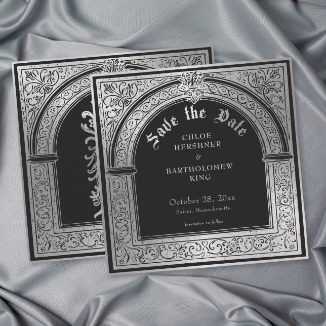 Reserve A Data Casamento Medieval Gótico Preto Prata (Gothic Black Silver Medieval Wedding Save The Date)