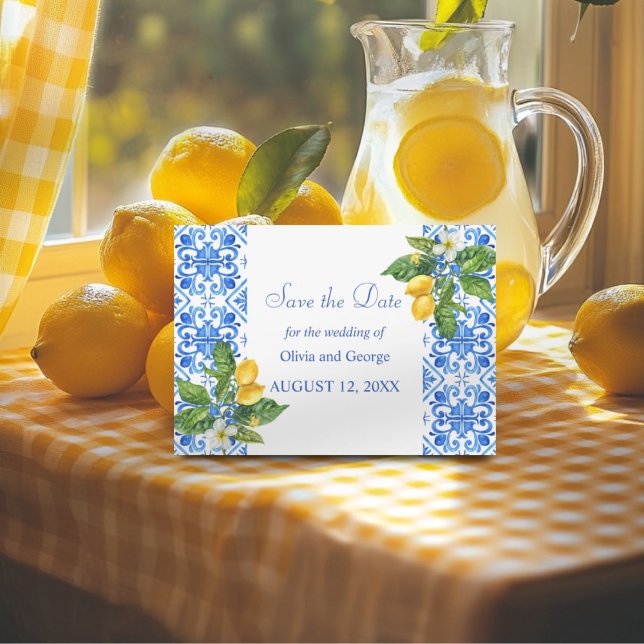 Reserve A Data Casamento mediterrânico de azulejos azuis e limões (Criador carregado)