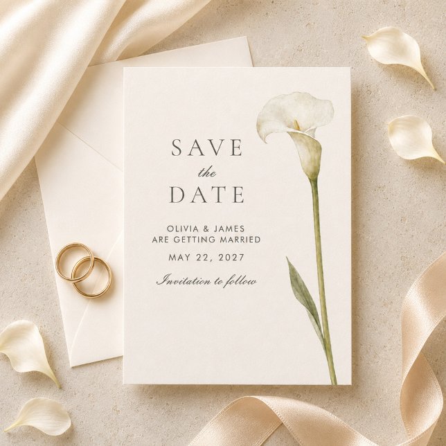 Reserve A Data Casamento Minimalista com Lírio Branco Moderno (Modern White Calla Lily Minimalist Wedding Save The Date)