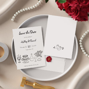 Reserve A Data Casamento Minimalista Preto e Branco com Desenhos