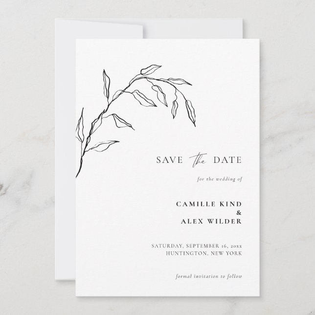 Reserve A Data Casamento Mínimo de Folha Botânica Moderno (Frente)