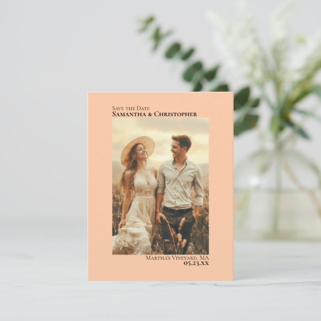 Reserve A Data Casamento Mínimo de Foto Vertical Peach Coral (Em pé/Frente)