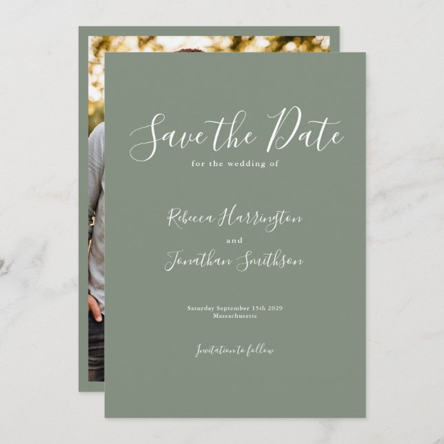 Reserve A Data Casamento Mínimo Verde Oleícola Salvar A Data (Frente/Verso)