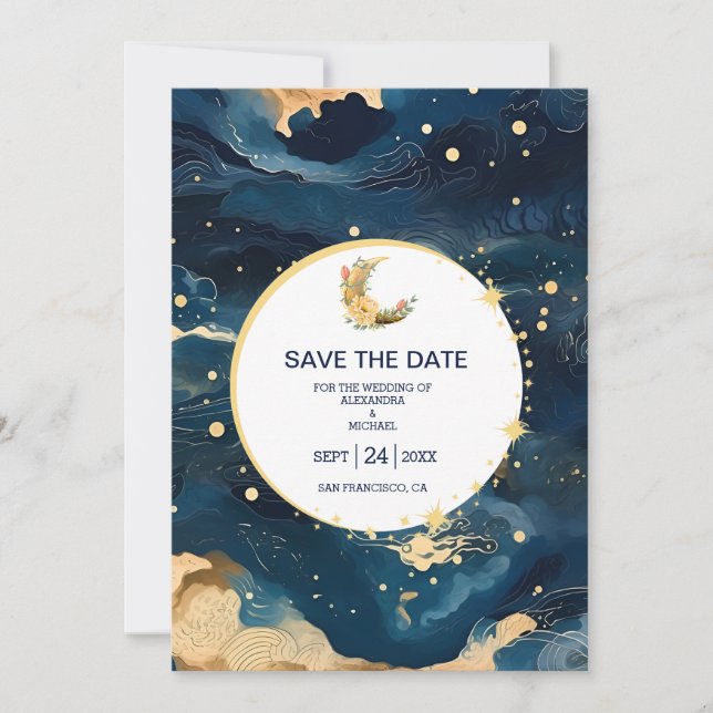 Reserve A Data Casamento Místico Azul e Dourado de Aquarela (Frente)