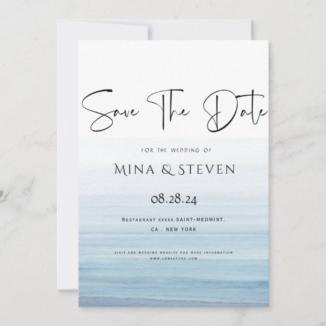 Reserve A Data Casamento moderno à beira-mar com aquarela (Frente)