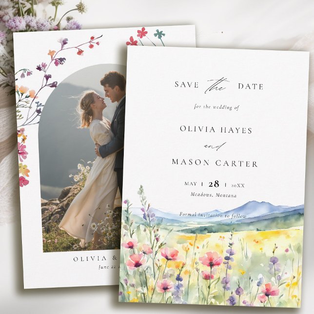 Reserve A Data Casamento Moderno Boho de Flores Silvestres no Pra (mountain wedding save the date boho arch wildflowers meadow floral watercolor modern calligraphy)