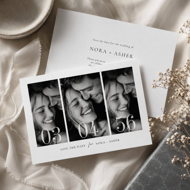 Reserve A Data Casamento Moderno com 3 Fotos em Preto e Branco (Criador carregado)