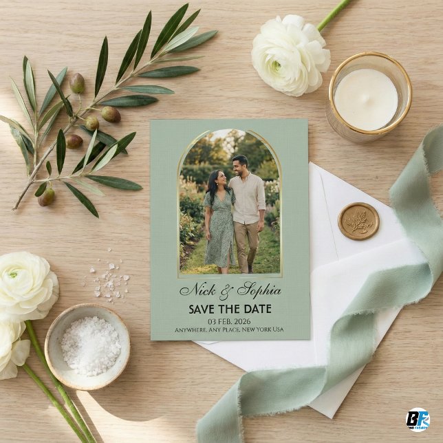 Reserve A Data Casamento Moderno com Arco em Verde Sage e Dourado (Criador carregado)