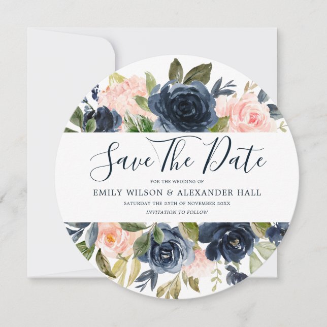 Reserve A Data Casamento Moderno com Florais de Aquarela Rosa e A (Frente)
