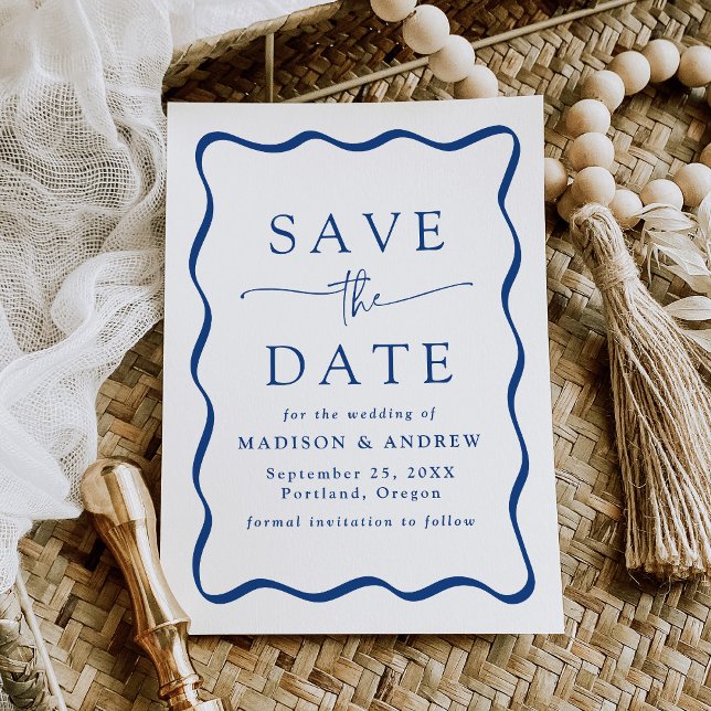 Reserve A Data Casamento Moderno com Moldura Ondulada Azul (Criador carregado)