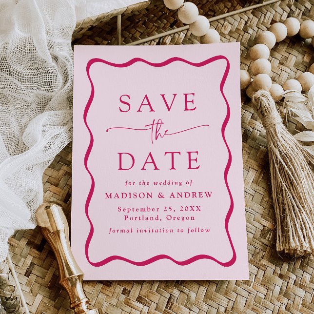 Reserve A Data Casamento Moderno com Moldura Ondulada Rosa (Criador carregado)