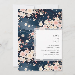 Reserve A Data Casamento Moderno com Ondas de Sakura Navy