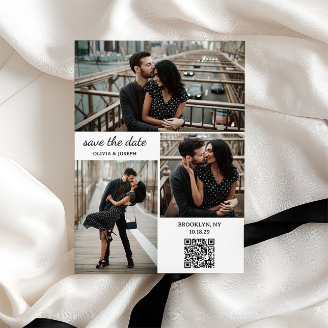 Reserve A Data Casamento Moderno com Três Fotos e Código QR (Criador carregado)