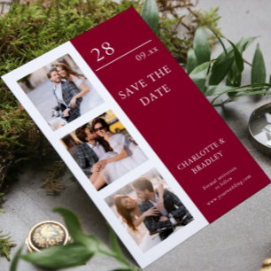 Reserve A Data Casamento Moderno com Três Fotos em Borgonha