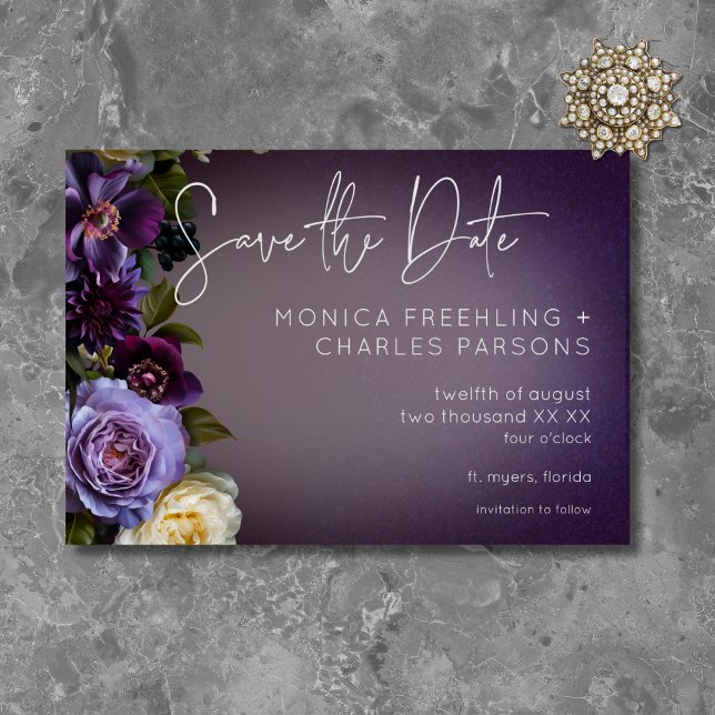 Reserve A Data Casamento Moderno da Lavanda Roxo-Escura (Dark Moody Purple & Lavender Floral Modern Wedding Save The Date)