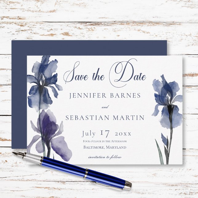 Reserve A Data Casamento Moderno das Flores Iris Azuis (Blue Iris Flowers Modern Wedding Save The Date)