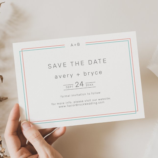 Reserve A Data Casamento Moderno de Coral e Fronteira de Teal (AVERY Modern Coral and Teal Border Wedding Save The Date)