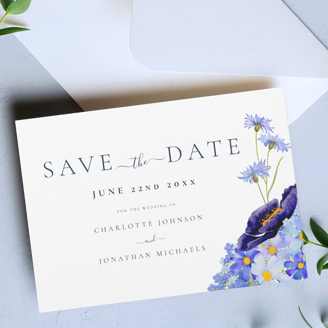 Reserve A Data Casamento Moderno de Flores Selvagens (Elegant wildflower boho blue wedding save the date invitation garden meadow Watercolor florals)