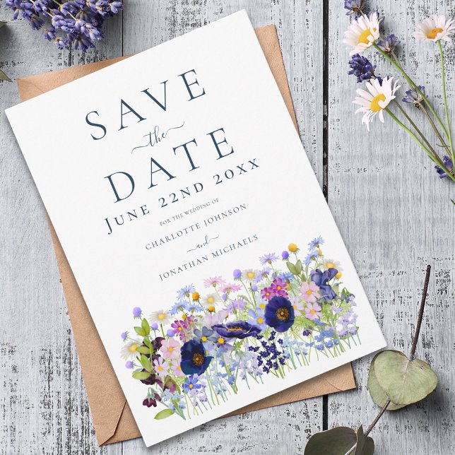 Reserve A Data Casamento Moderno de Flores Selvagens (Colorful wildflower meadow blue wedding save the date invitation )