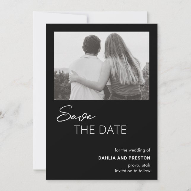 Reserve A Data Casamento Moderno de Foto Negra Mínimo (Frente)