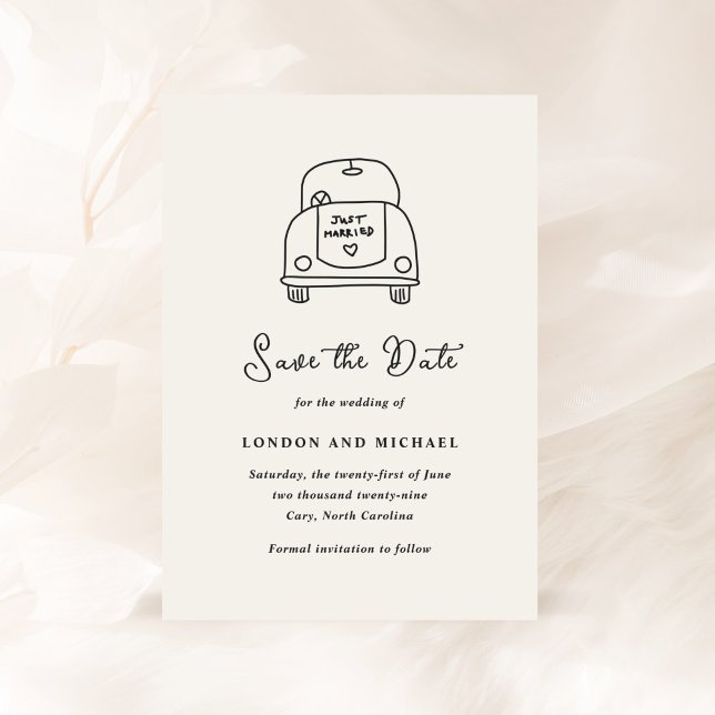 Reserve A Data Casamento Moderno de Porte de Carro Desenhado à Mã (Criador carregado)