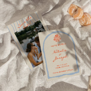 Reserve A Data Casamento Moderno Desenhado à Mão em Azul Laranja 