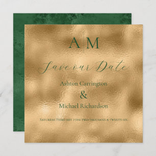 Reserve A Data Casamento Moderno do Monograma Dourado Verde