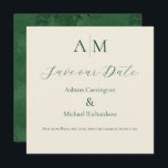 Reserve A Data Casamento Moderno do Monograma Verde<br><div class="desc">Lindos monogramas de noiva e noivo no topo deste belo casamento Guarde o Cartão de Data. Fundo Ecru com fonte verde para coordenar com a angustiada parte verde deste convite elegante. Absolutamente espantoso.</div>