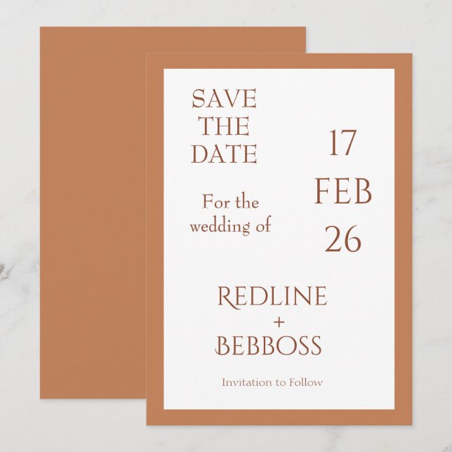 Reserve A Data Casamento Moderno e Elegante em Cobre Macio (Frente/Verso)