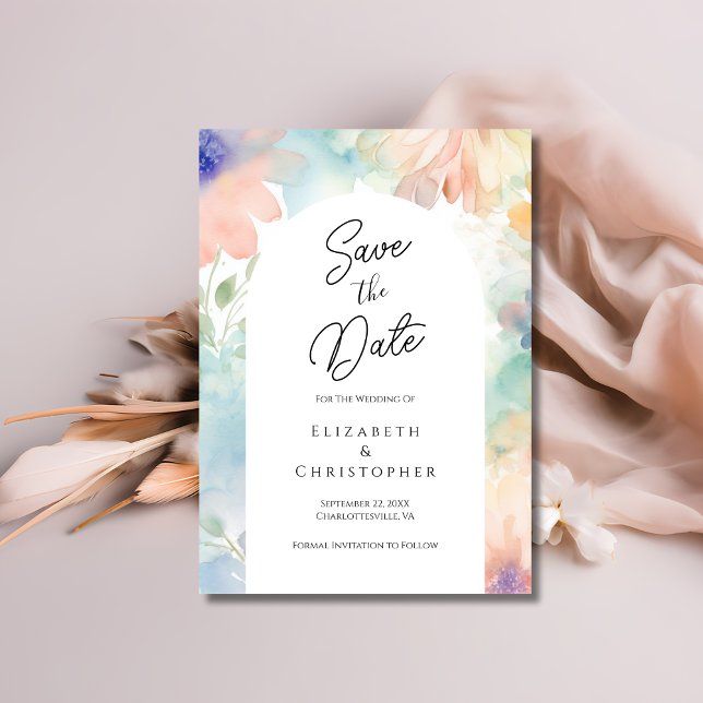 Reserve A Data Casamento Moderno Elegante com Aquarela Floral Pas (Pastel Floral Watercolor Wedding Save the Date card. )