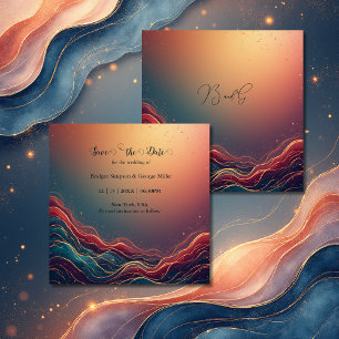 Reserve A Data Casamento Moderno Elegante Ouro Mármore Azul Terra