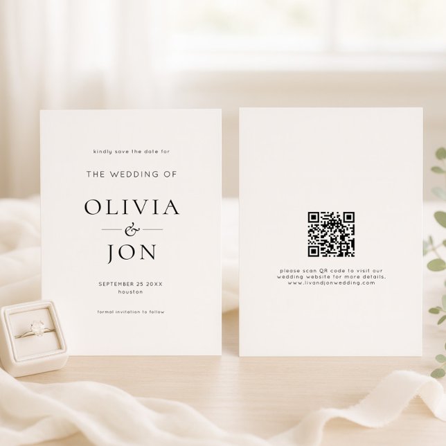 Reserve A Data Casamento Moderno em Preto e Branco com Código QR (front and back view)