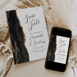 Reserve A Data Casamento Moderno em Script Ágata Preto Dourado