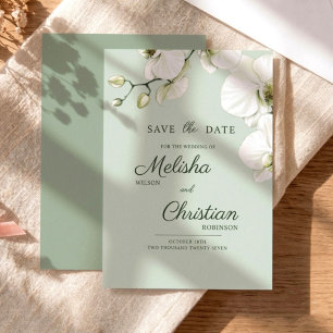 Reserve A Data Casamento Moderno em Verde Sage com Orquídea Branc