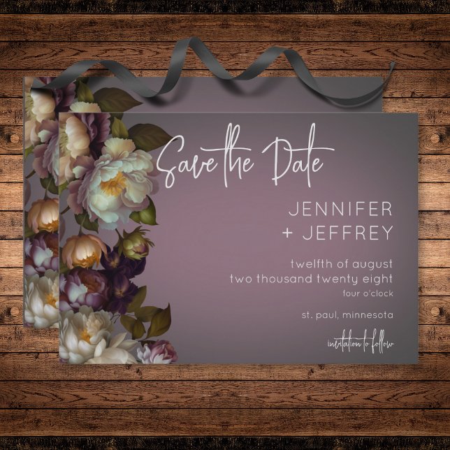 Reserve A Data Casamento Moderno Floral de Mauve Moody Dark (Dark Moody Mauve Floral Modern Wedding Save The Date)