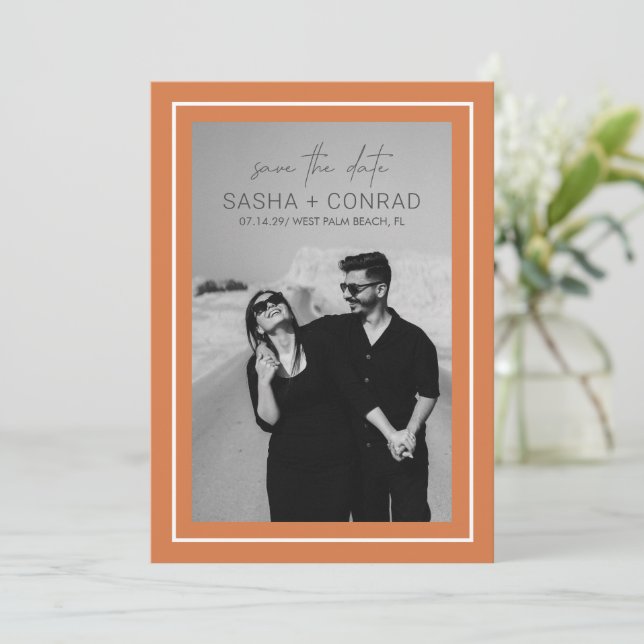 Reserve A Data Casamento Moderno Foto com Borda Negrito Laranja d (Em pé/Frente)