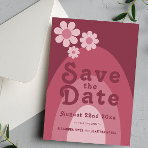 Reserve A Data Casamento Moderno Retro Anos 70 Rosa Borgonha