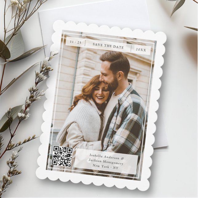 Reserve A Data Casamento Moderno Retro com Código QR de Selo Post (Criador carregado)