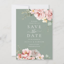 Reserve A Data Casamento Moderno Rosa e Verde Sage