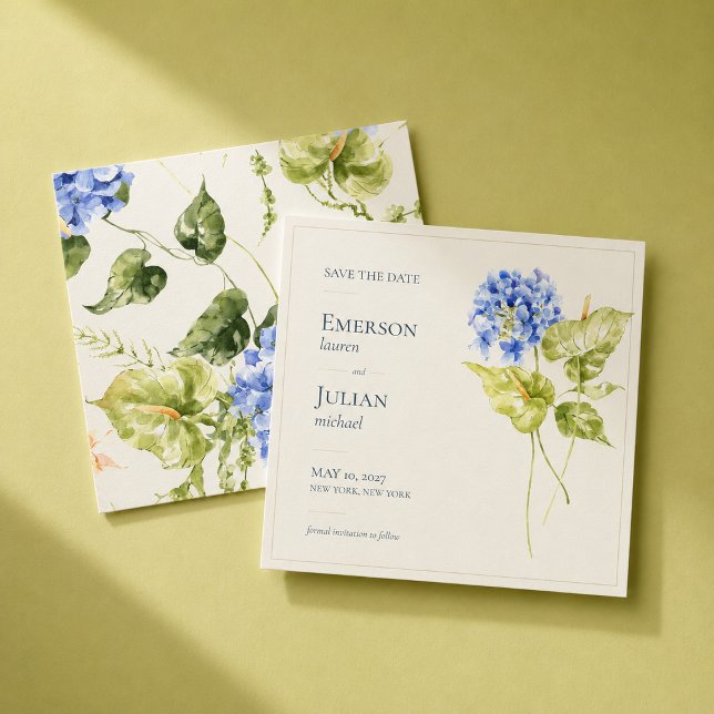 Reserve A Data Casamento Moderno Verde Editorial Orquídea & Anthu (Modern editorial Save the Date featuring sculptural anthuriums and striking blue hydrangeas.)