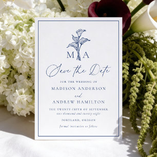 Reserve A Data Casamento Monograma Clássico com Lírio Calla Azul-